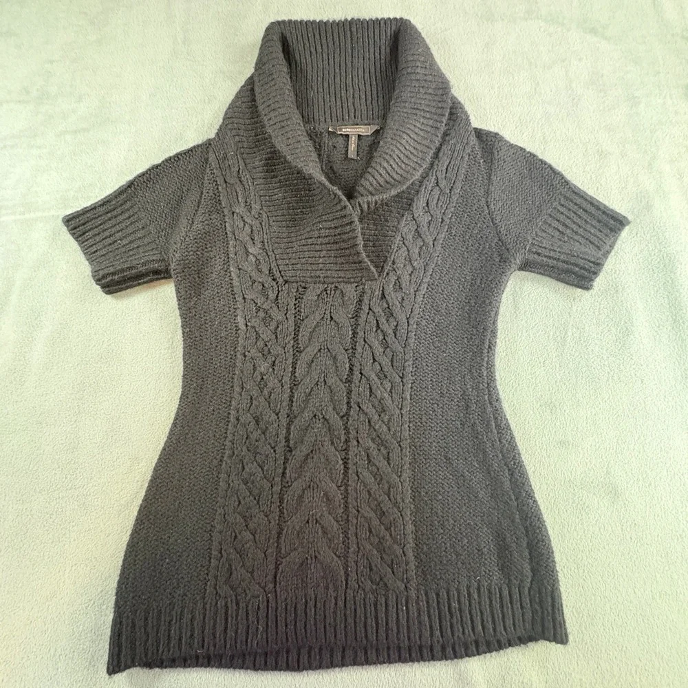 BCBGMAXAZRIA Womens Black Cable Knit‎ Shawl Collar Short Sleeve Sweater Large